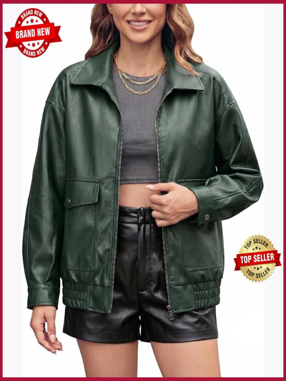 Oversize Faux Leather Motorcycle Jacket Double Pockets Fall Winter Outwear